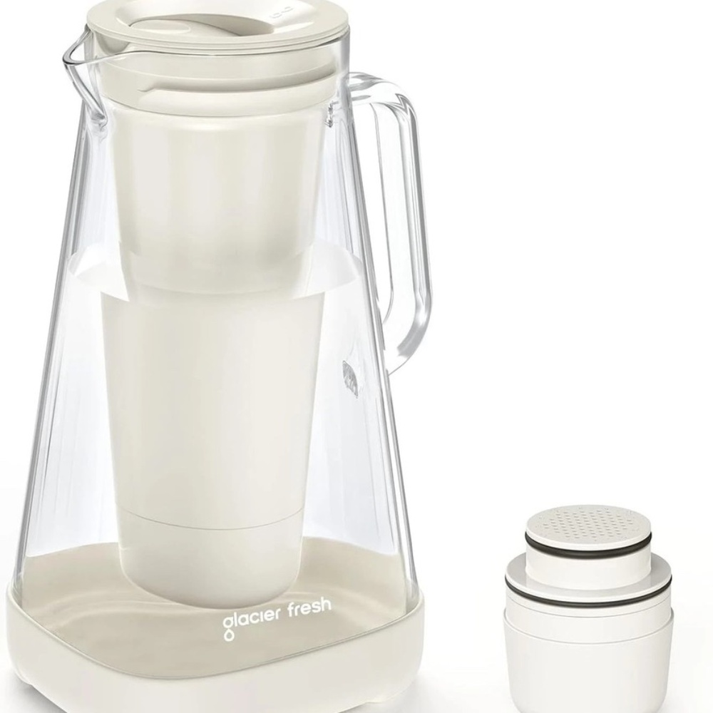 GLACIER FRESH 10-Cup Glass Water Pitcher, 5-Stage Filter, BPA-Free Carafe, White
